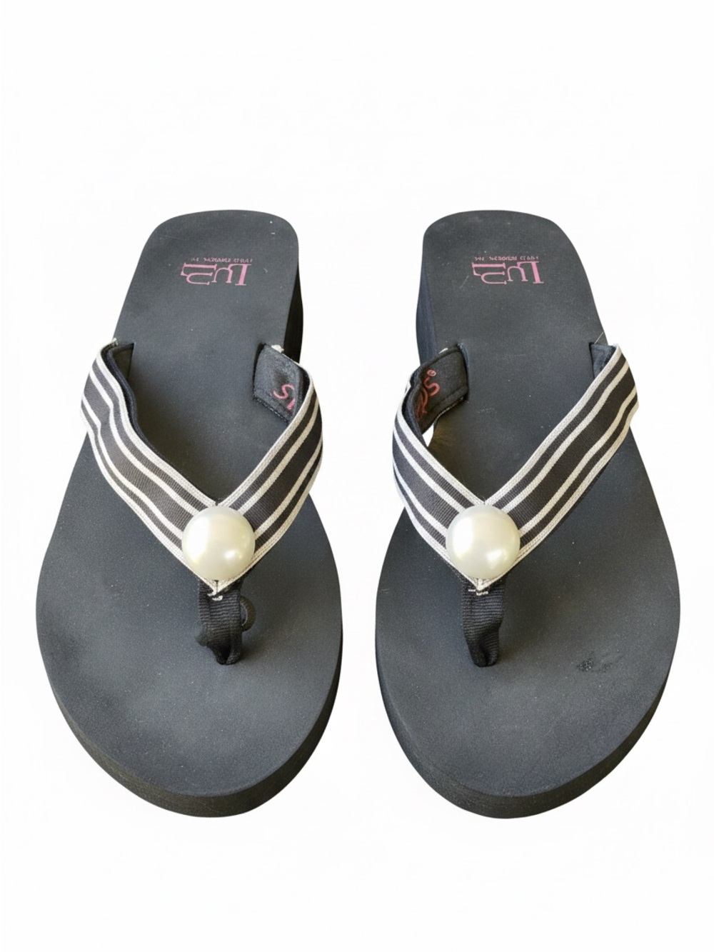 Black Lulu Striped Pearl-Embellished Women's Flip Flop Sandals Sz 10